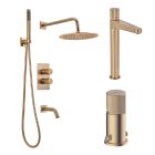 COMBO Grifería para Lavatorio Monocomando Pico Alto Fabric Gold + Grifería Peirano Monocomando para Bidet Fabric Gold + Grifería Peirano Ducha Embutir 3 Funciones Gold Fabric